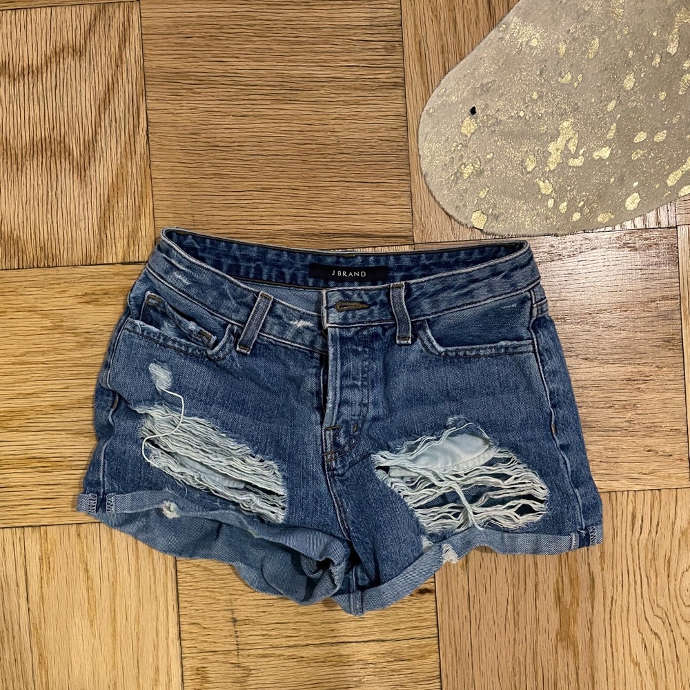 J brand mid rise ripped denim shorts